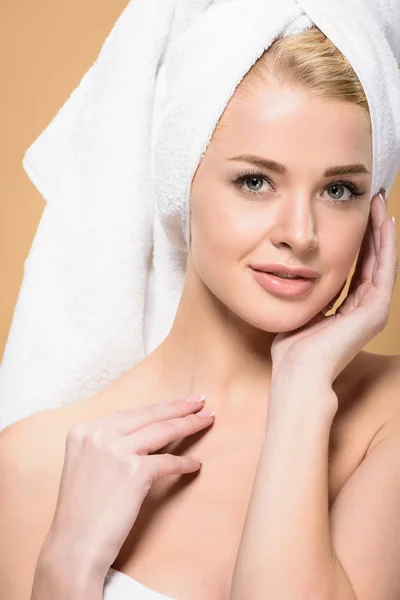 Beautiful Young Woman Towel Head Touching Face Smiling Camera Isolated — Stok fotoğraf
