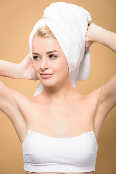 Beautiful Young Woman Towel Head Smiling Looking Away Isolated Beige — Stock Photo, Image