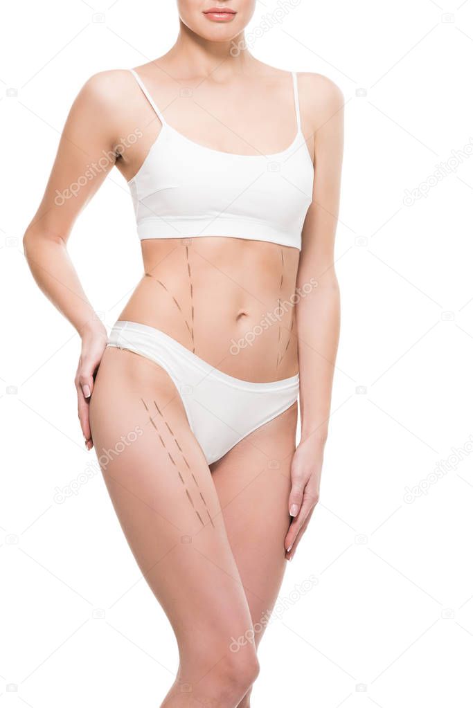 cropped shot of young woman in white underwear with correction marks on body isolated on white 