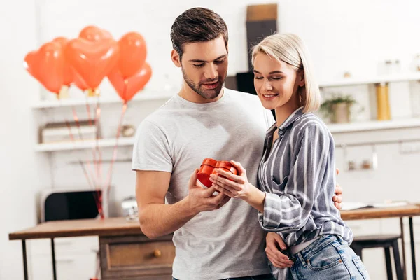 Selective Focus Handsome Boyfriend Giving Gift Attractive Girlfriend Valentines Day — Stock Photo, Image