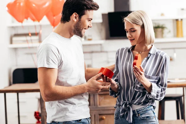 Selective Focus Handsome Boyfriend Giving Gift Attractive Girlfriend Valentine Day — Stock Photo, Image