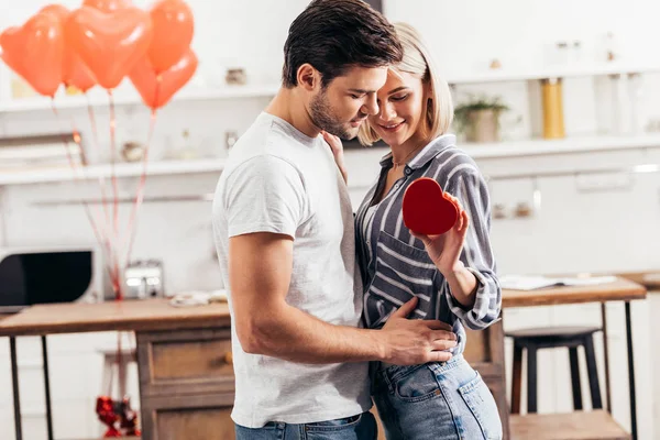 Selective Focus Handsome Boyfriend Hugging Giving Gift Attractive Girlfriend Valentines — Stock Photo, Image