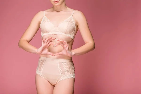 Cropped View Woman Lingerie Showing Heart Symbol Isolated Pink — Stock Photo, Image
