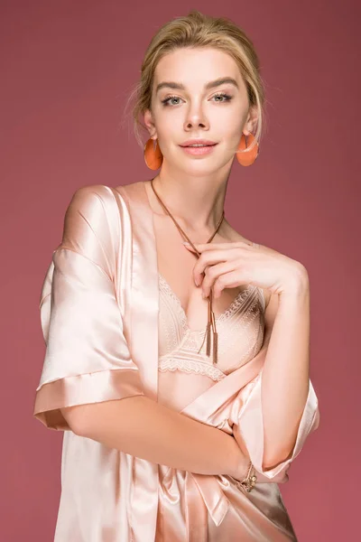 Elegant Young Woman Posing Accessories Bra Silk Robe Isolated Pink — Stock Photo, Image