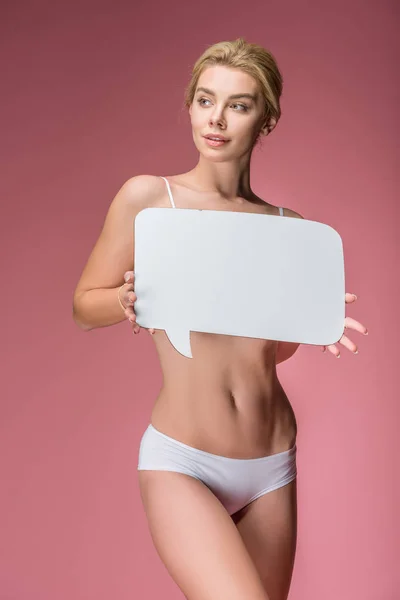 Attractive Young Woman White Underwear Posing Speech Bubble Isolated Pink — Stock Photo, Image