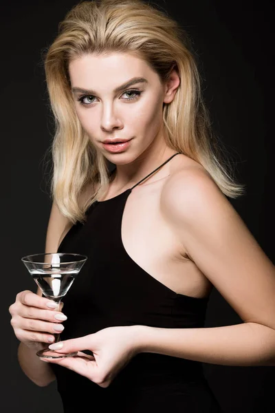 Beautiful Woman Girl Black Dress Posing Cocktail Glass Isolated Black — Stock Photo, Image