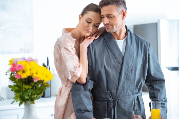 Selective Focus Beautiful Woman Robe Embracing Handsome Man Kitchen — Stock Photo, Image