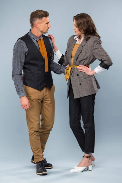 Beautiful Stylish Couple Formal Wear Looking Each Other Posing Grey — Stock Fotó