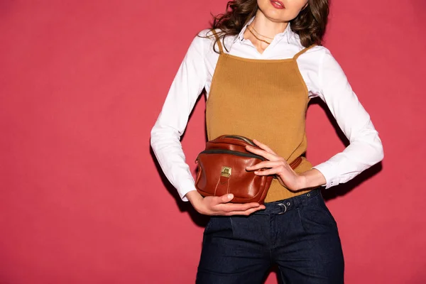 Cropped View Woman Formal Wear Holding Leather Bag Posing Red — Stock Photo, Image