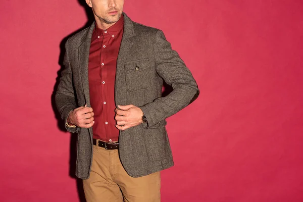 Обрезанный Вид Стильного Человека Формальной Одежды Регулирующей Куртку Красном Фоне — стоковое фото