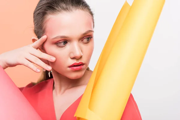 Selective Focus Beautiful Stylish Girl Holding Paper Rolls Posing Living — Stock Photo, Image