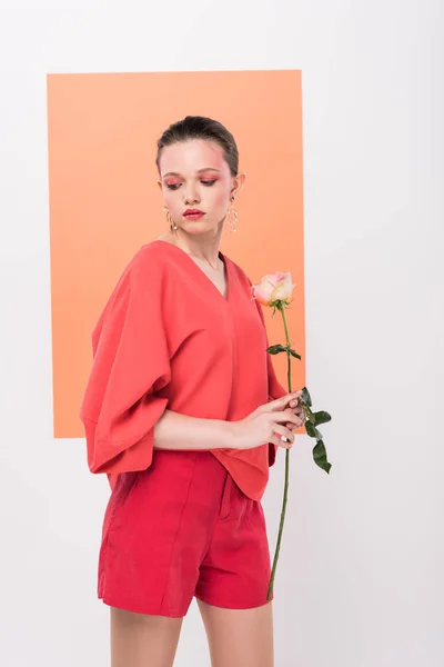 Beautiful Fashionable Girl Holding Rose Posing Living Coral Background — Stock Photo, Image