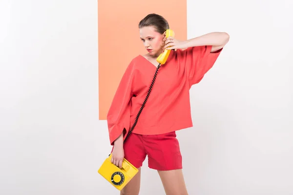 Stylish Girl Talking Retro Telephone Looking Away Posing Living Coral — Stock Photo, Image