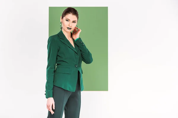 Beautiful Fashionable Woman Formal Wear Touching Face Posing Sea Green — Stock Photo, Image