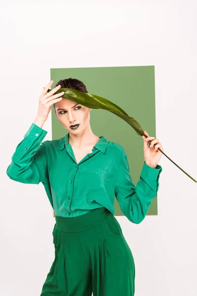 Beautiful Stylish Woman Holding Leaf Looking Away Posing Sea Green — Stock Photo, Image