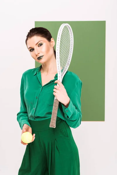 Beautiful Fashionable Woman Holding Tennis Ball Racket While Posing Sea — Stock Photo, Image