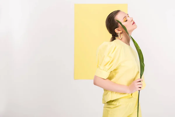 Bela Menina Elegante Segurando Folha Posando Com Ribalta Fundo — Fotografia de Stock