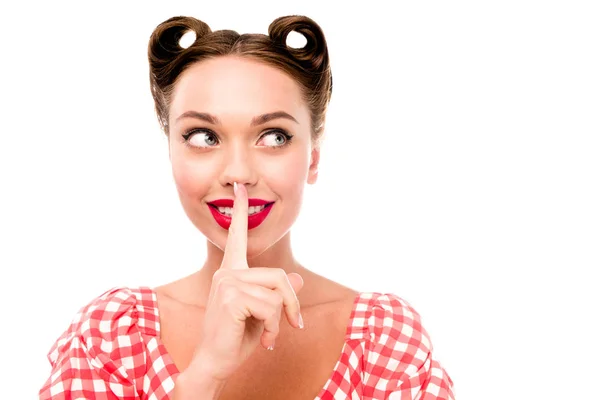 Attractive Pin Girl Showing Silence Sign Isolated White — Stock Photo, Image