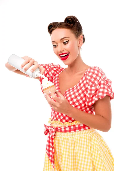 Smiling Pin Girl Applying Whipped Cream Cupcake Isolated White — Stock Photo, Image