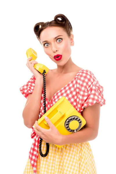 Surprised Pin Girl Talking Vintage Yellow Phone — Stock Photo, Image