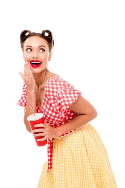Young Smiling Pin Girl Holding Red Paper Cup Straw Isolated — Stock Photo, Image