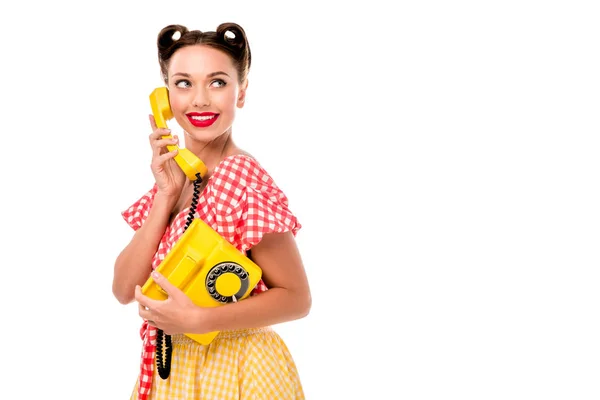 Атракціоніст Запхав Дівчину Розмовляючи Старовинному Жовтому Телефоні — стокове фото