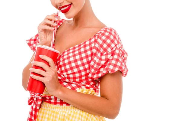 Partial View Pin Girl Drinking Red Disposal Cup Straw Isolated — Stock Photo, Image