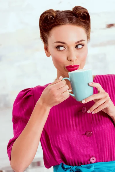 Attractive Pin Girl Crimson Dress Drinking Coffee — Stock Photo, Image