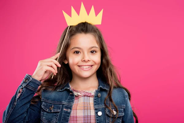 Adorable Happy Child Holding Crown Party Stick Looking Camera Isolated — Stock Photo, Image