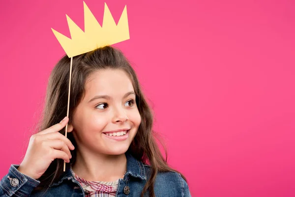 Adorable Happy Child Holding Crown Party Stick Looking Away Isolated — Stock Photo, Image