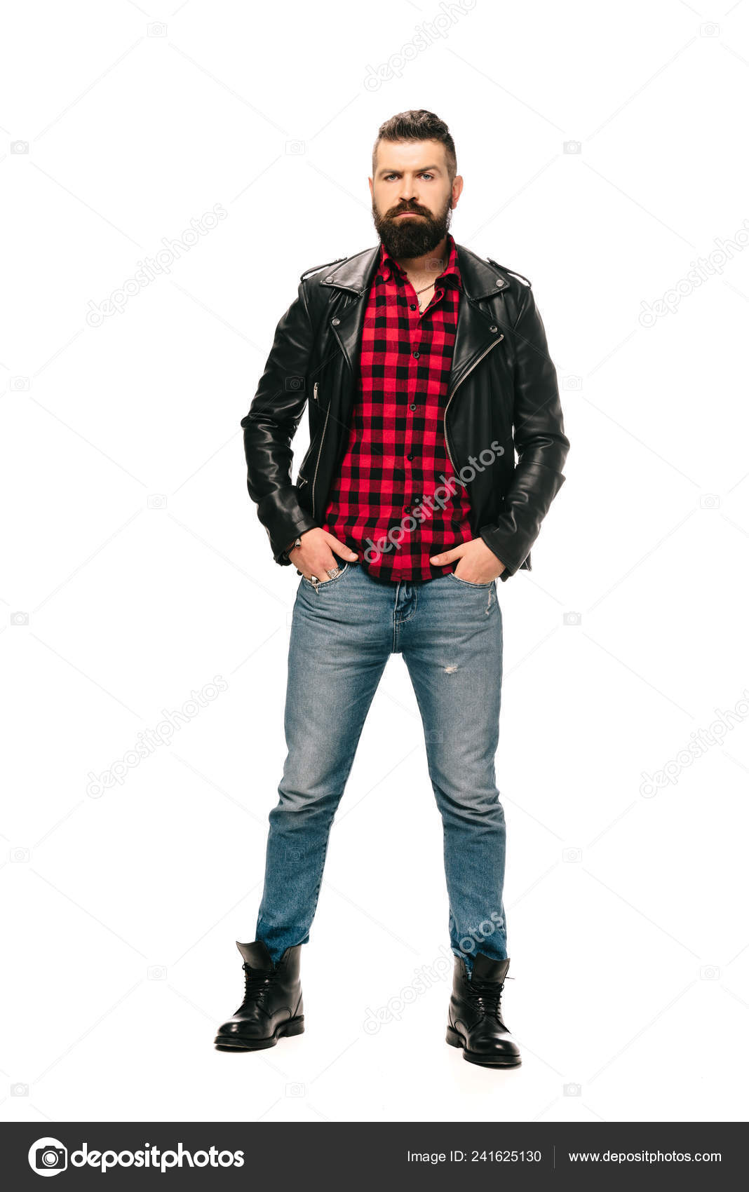 Handsome Rocker Posing Black Leather Jacket Isolated White — Stock ...