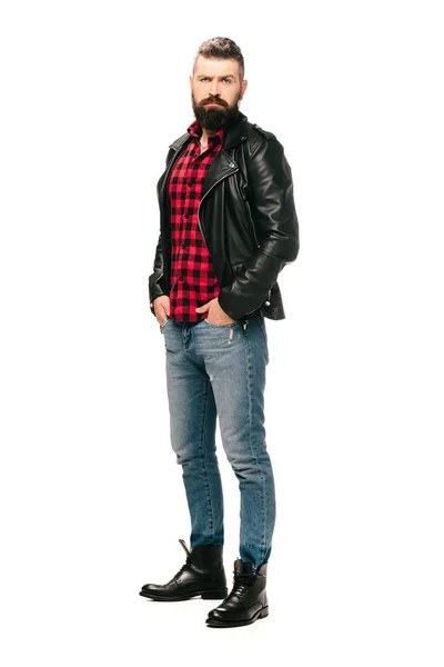 Bearded Rocker Posing Black Leather Jacket Isolated White — Stock Photo, Image