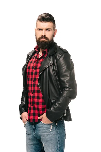 Confident Bearded Man Black Leather Jacket Isolated White — Stock Photo, Image