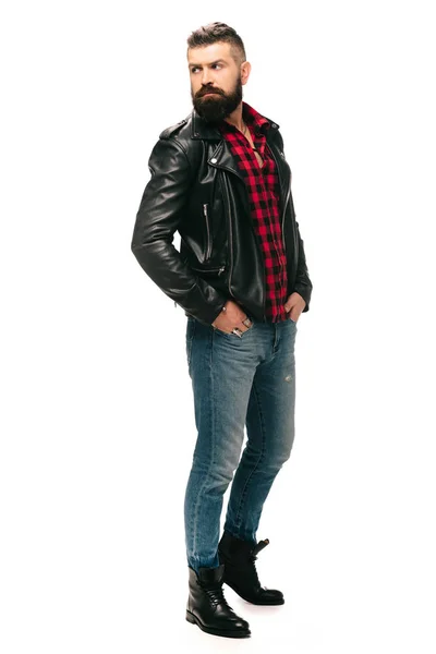 Bearded Man Posing Black Leather Jacket Isolated White — Stock Photo, Image