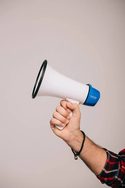 Beskuren Bild Mannen Håller Megafon Isolerad Grå — Stockfoto