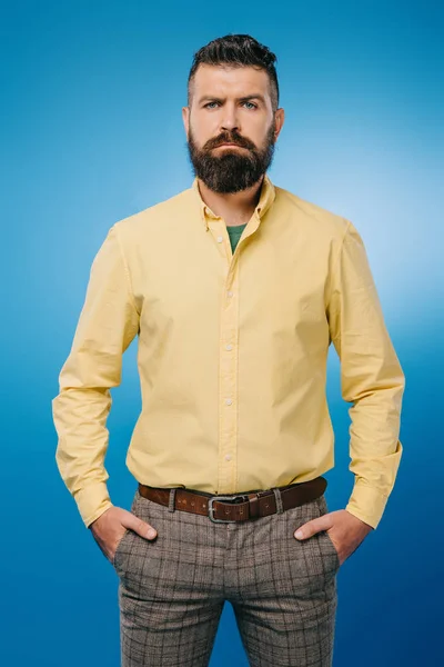 Serious Bearded Man Looking Camera Isolated Blue — Stock Photo, Image