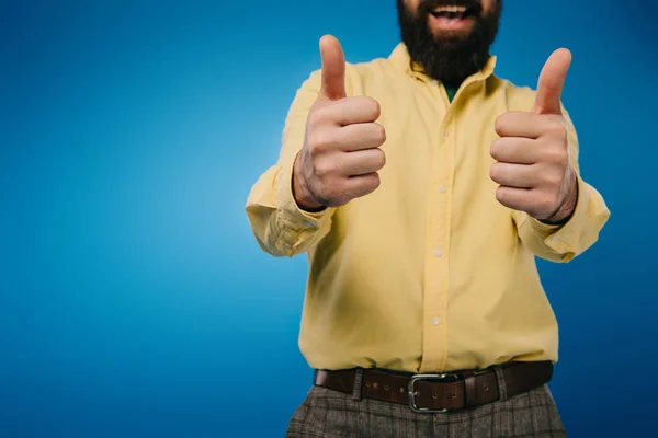 Cropped View Bearded Man Showing Thumbs Isolated Blue — Stock Photo, Image