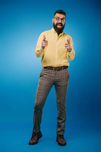 Handsome Excited Man Pointing You Isolated Blue — Stock Photo, Image