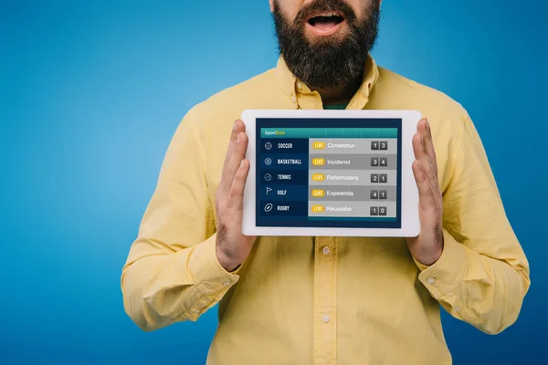 Cropped View Shocked Bearded Man Showing Digital Tablet Sport App — Stock Photo, Image