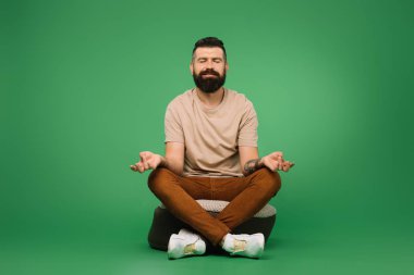 yeşil üzerinde oturan ve meditasyon mutlu sakallı adam
