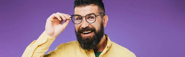 Hombre Barbudo Feliz Gafas Aisladas Púrpura — Foto de Stock