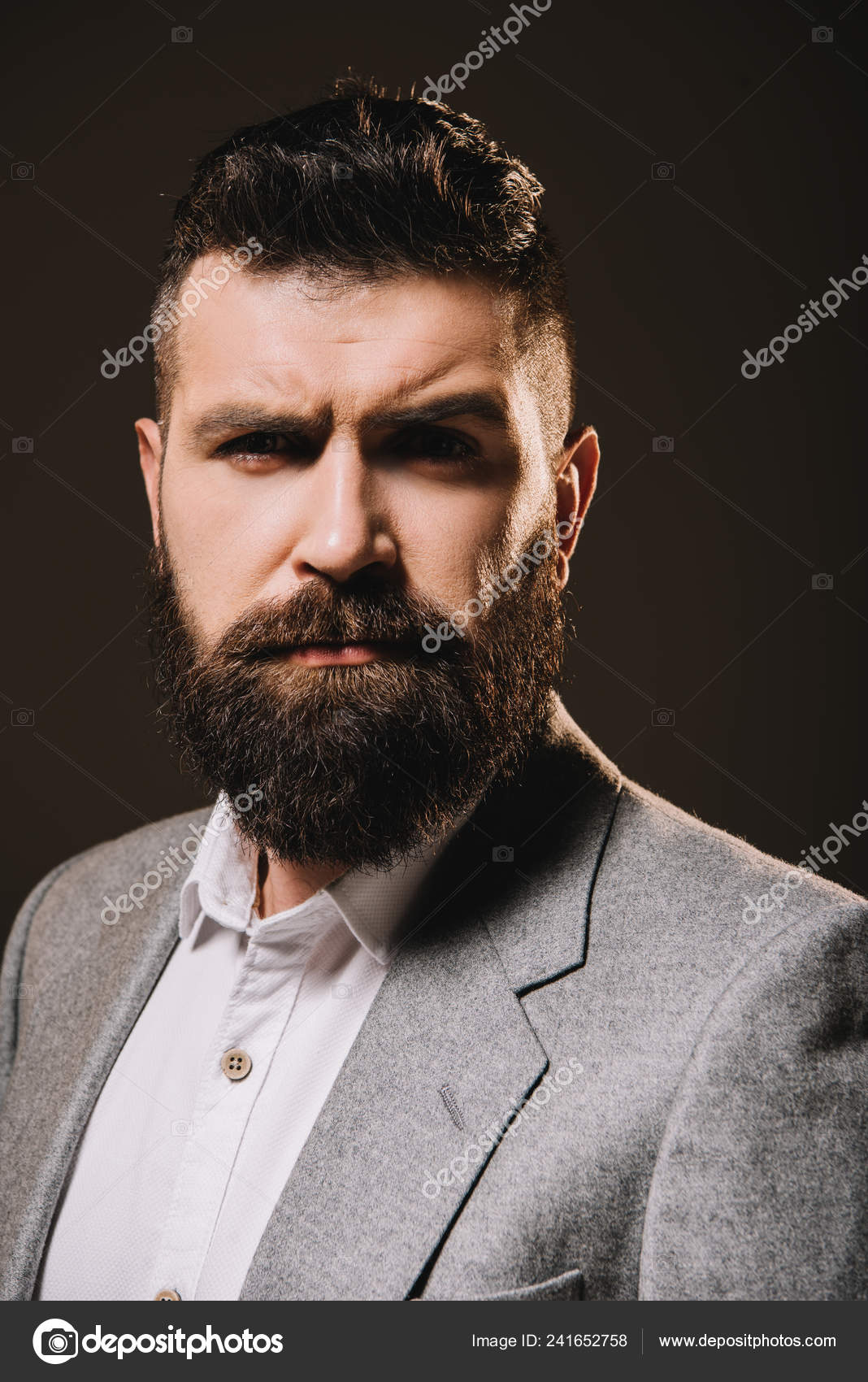 Handsome Brunette Beard Businessman Jacket Isolated Brown — Stock Photo ©  AllaSerebrina #241652758, image size:1068x1700