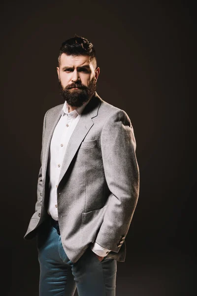 Handsome Beard Businessman Posing Formal Wear Isolated Brown — Stock Photo, Image