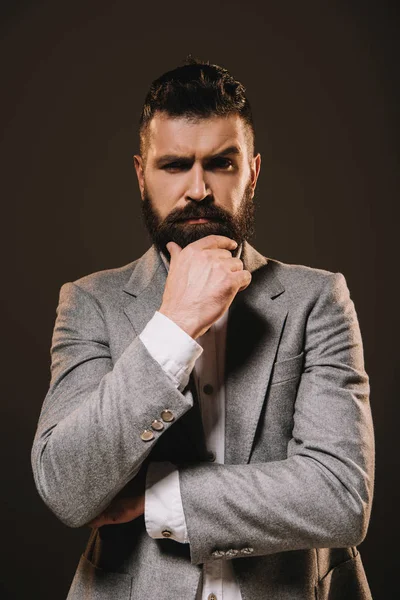 Handsome Beard Businessman Thinking Looking Camera Isolated Brown — Stock Photo, Image