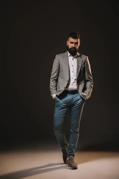 Handsome Beard Businessman Posing Jacket Brown — Stock Photo, Image