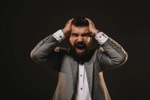 Irritado Barba Empresário Gritando Isolado Marrom — Fotografia de Stock