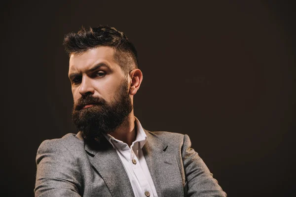 Handsome Beard Businessman Gray Jacket Isolated Brown — Stock Photo, Image