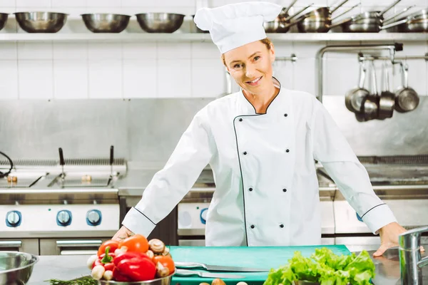 Beautiful Female Chef Uniform Smiling Looking Camera Cooking Restaurant Kitchen — Stock Photo, Image