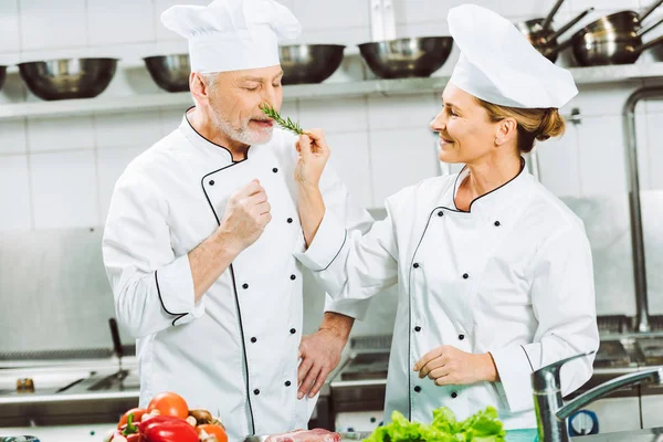 微笑的女厨师拿着迷迭香草本植物接近男子在餐厅厨房烹饪 — 图库照片