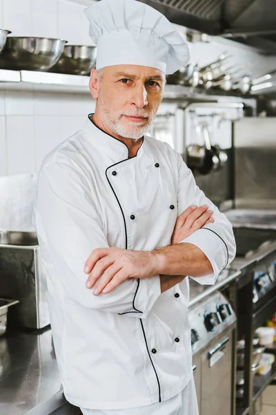 Handsome Male Chef Uniform Arms Crossed Looking Camera Restaurant Kitchen — Stock Photo, Image